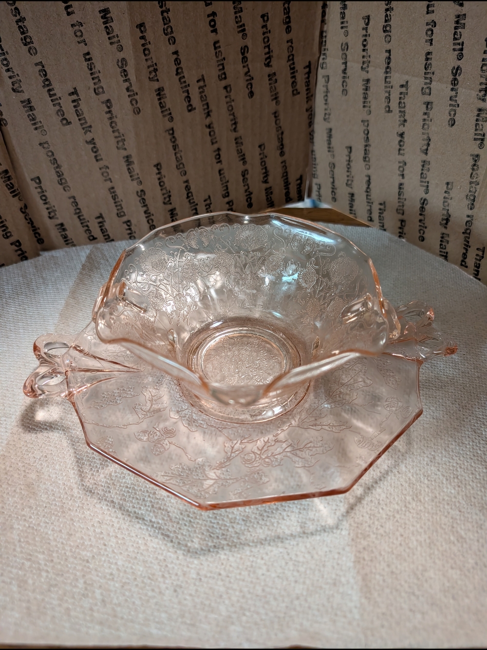 Vintage Pink Depression Glass Bowl & Fostoria Pink Depression Glass Cake Plate